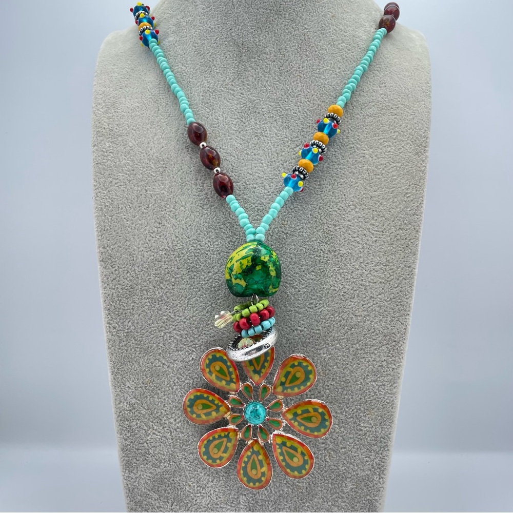 Boho Artisan Floral Pendant Necklace Turquoise Beaded Colorful Festival Style